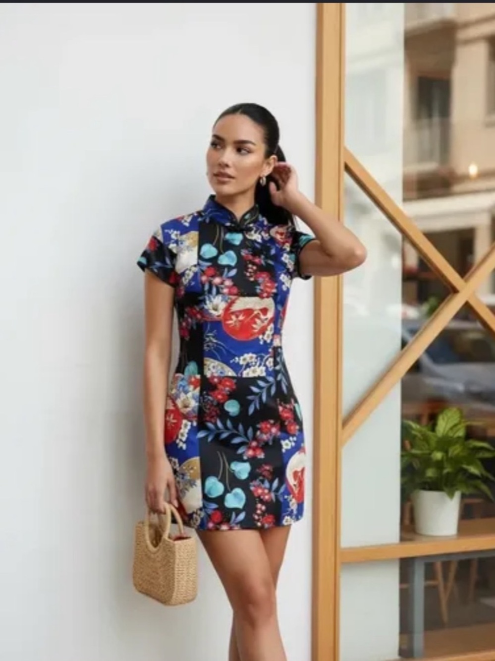 Zara Satin Effect Floral and Fan Print Mini Dress